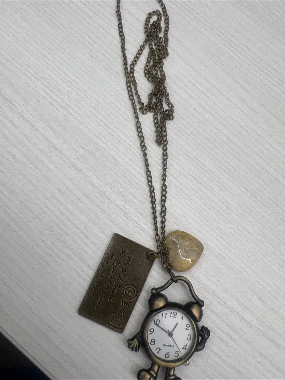 Vintage-Inspired Bronze Tone Alarm Clock Pendant Necklace with Cream Stone